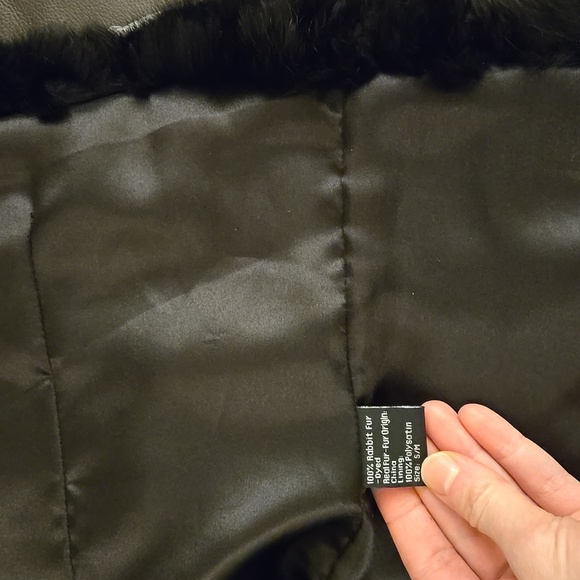Saks Fifth Avenue Real Rabbit Fur collared black zip up down vest with collar